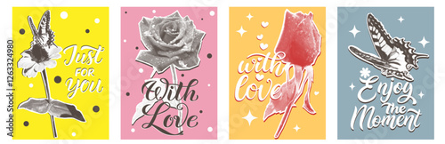 Set of congratulation cards, halftone trend posters with flowers. Postcards in collage style for Valentine's Day, March 8. Popular items featuring Y2K pixelated lines. Vector graphic