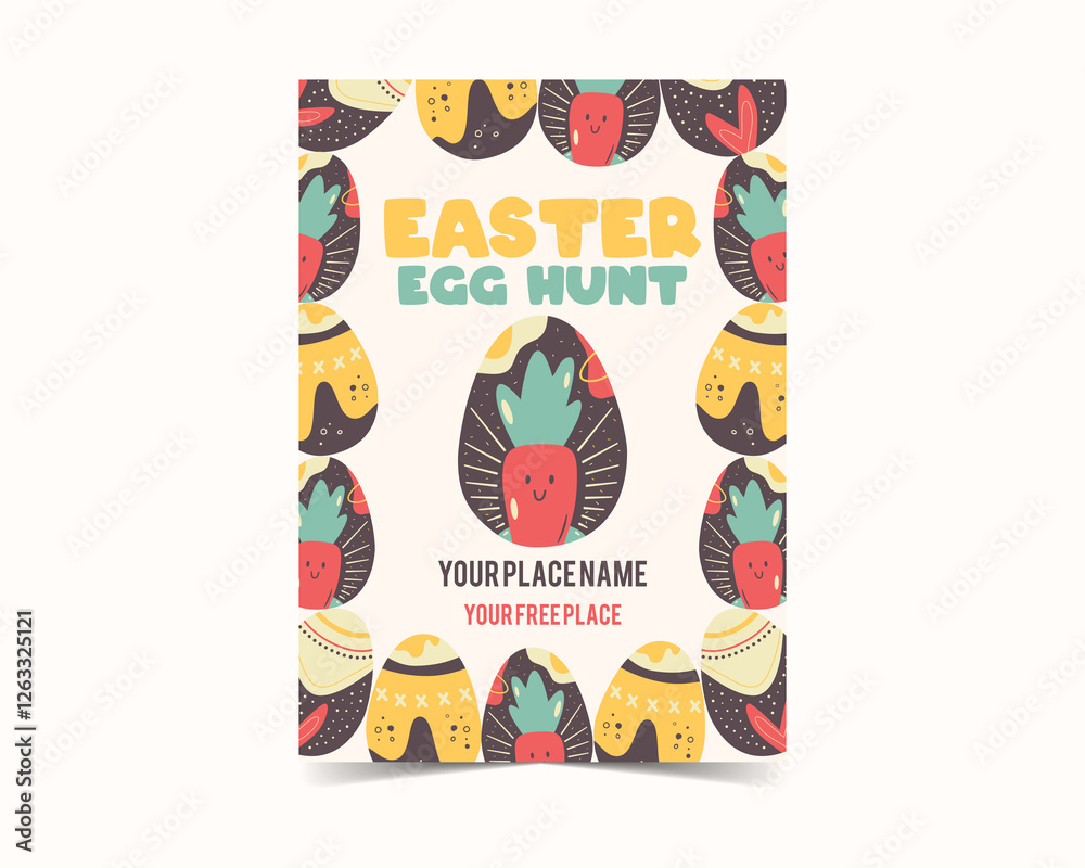 Fototapeta premium Easter egg card design. Easter holiday egg hunt flyer in colorful retro flat style with ornaments. Retro brochure. Stock illustration background