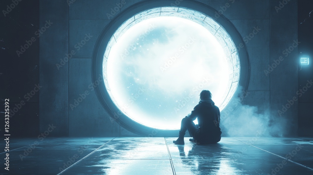 Fototapeta premium A man sits in front of a large blue circle