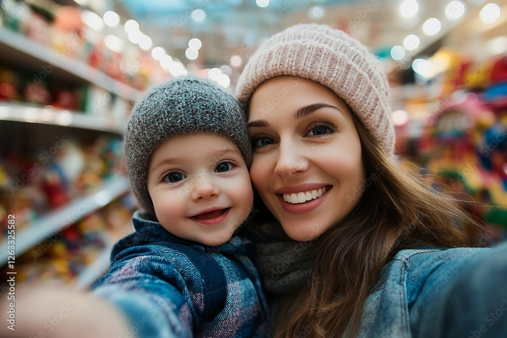 Obraz premium Parent Holding Baby Inside Toy Store with Bright Background, Generative AI