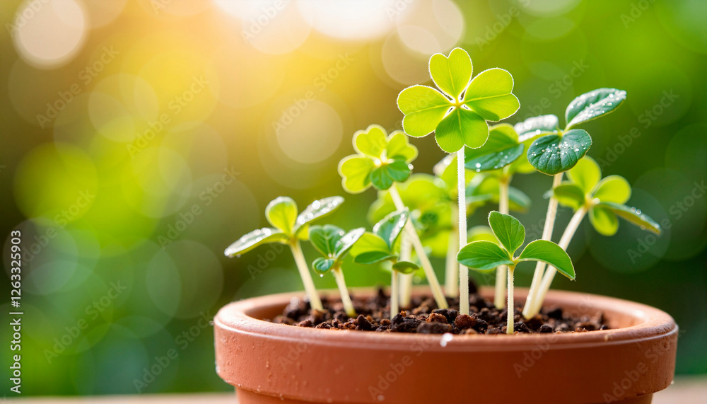 Clover sprouts growing in biodegradable pot, morning freshness Clover sprouts growing in biodegradable pot, morning freshness