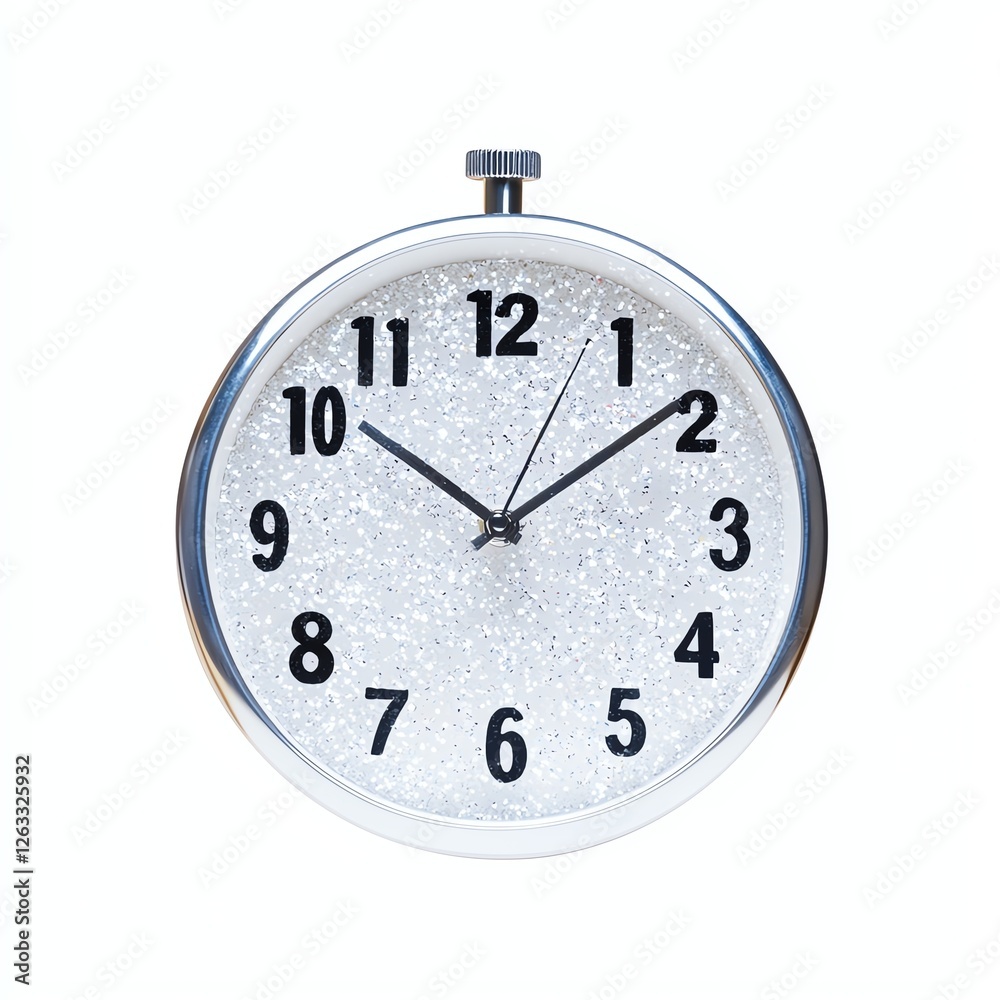 A stylish round silver alarm clock with a shimmering white face, highlighting the hours with bold black numbers against a minimalist background. A stylish round silver alarm clock with a shimmering white face, highlighting the hours with bold black numbers against a minimalist background.