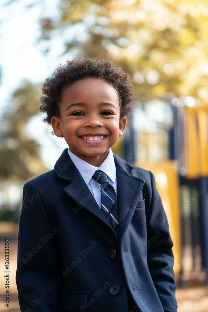 Child wearing a new school uniform, happy smile, playground background, bright daylight, front angle 3 Child wearing a new school uniform, happy smile, playground background, bright daylight, front angle 3
