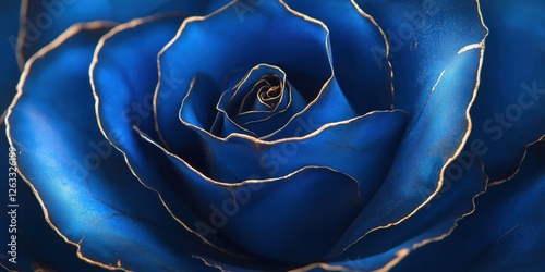 A mesmerizing close-up of a deep blue rose adorned with delicate gold veins. Its petals transition from rich to pale blue, highlighting its intricate beauty at the heart of the composition photo