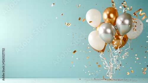 Balony okolicznościowe ze złotym konfetti na jasnoniebieskim tle na imprezę świąteczną