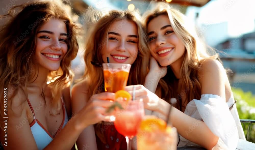 Three fun Caucasian girls having cocktails on a spring morning Three fun Caucasian girls having cocktails on a spring morning