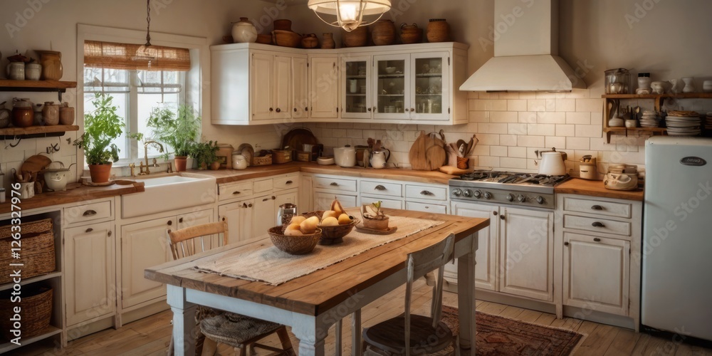 Bright and airy farmhouse kitchen with a rustic wooden table Bright and airy farmhouse kitchen with a rustic wooden table