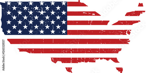The USA American map flag grunge cracked distressed dirty old worn has red and white stripes and white stars on a blue color, the United States of America flag vector illustration
