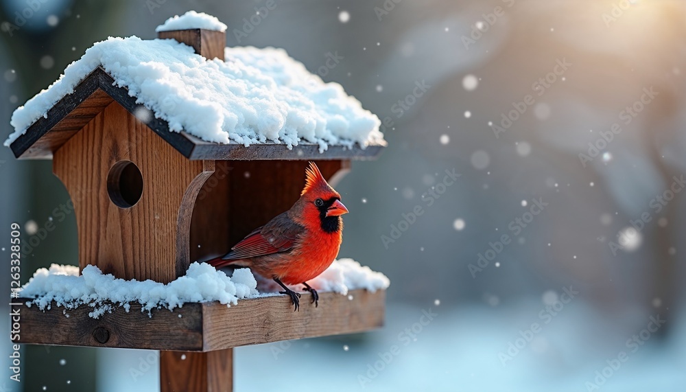 Naklejka premium Cardinal bird perched on snowy bird feeder during winter snowfall at sunset