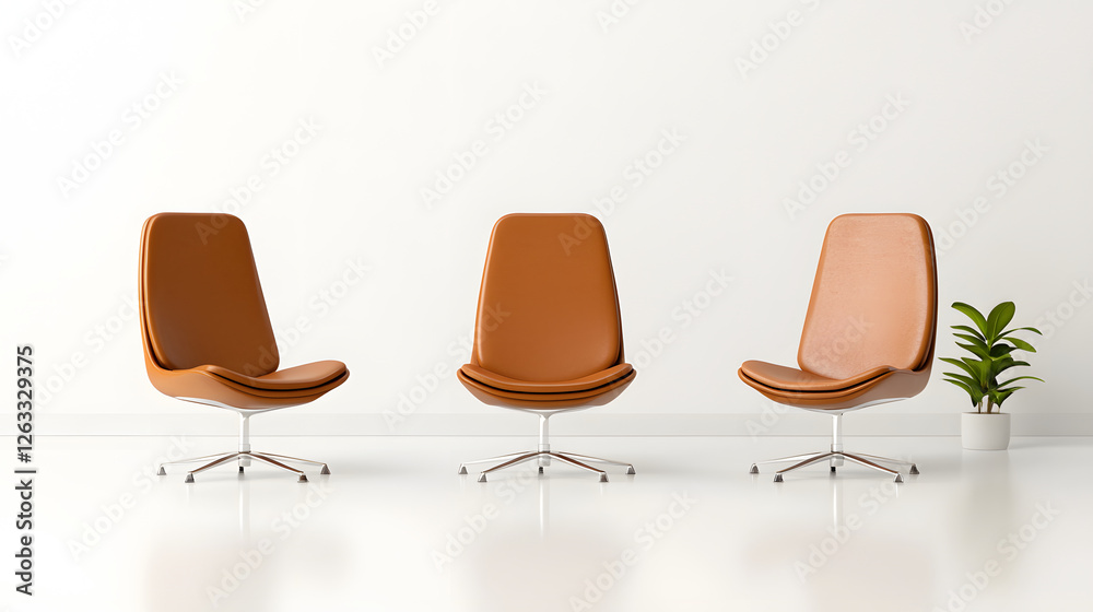 Fototapeta premium Modern brown leather chairs in minimalist setting with plant