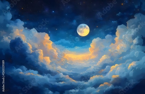 Magical night sky with bright moon and clouds.