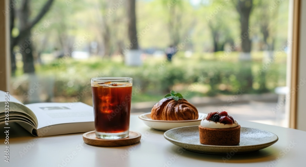 Iced coffee with pastry and tart on table near open book in park setting