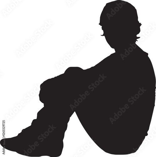 vector; silhouette side view of woman sitting on the floor looking at camera