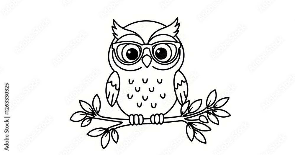 Obraz premium Wise Owl with Glasses on Branch Coloring Page for Kids, Educational Black and White Printable