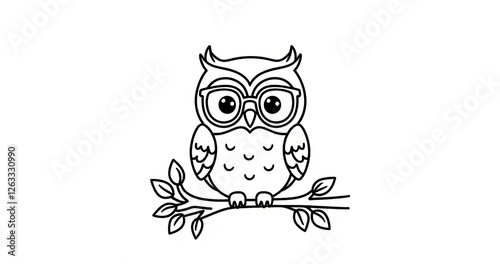 Cute Owl with Glasses on Branch Coloring Page for Kids, Educational Black and White Printable