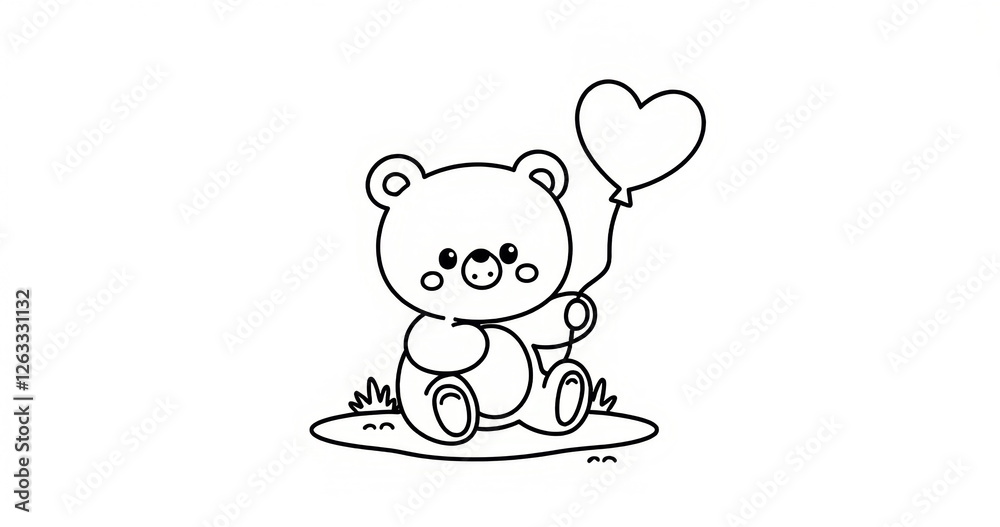 Fototapeta premium Cute Teddy Bear Holding Heart Balloon Coloring Page for Kids, Adorable Black and White Printable