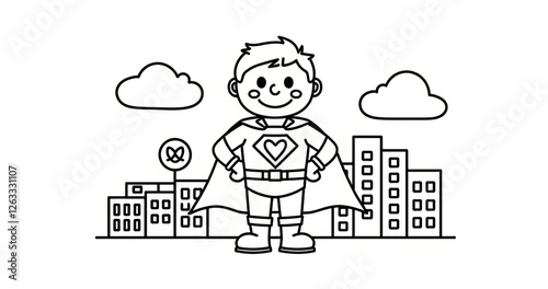 Cute Superhero Boy in City Skyline Coloring Page for Kids, Black and White Printable Adventure