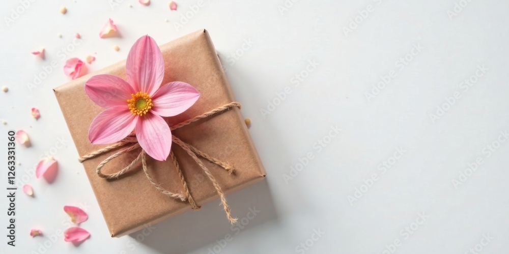 A delicately wrapped gift, adorned with a single pink blossom and scattered petals, rests on a clean white background, conveying a sense of thoughtful gifting and celebration.