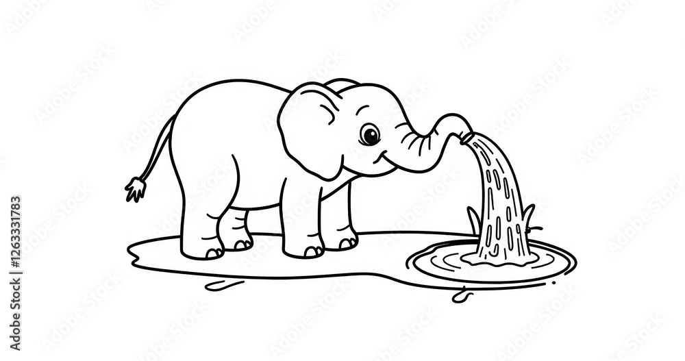 Obraz premium Playful Elephant Spraying Water Coloring Page for Kids, Black and White Safari Adventure Printable