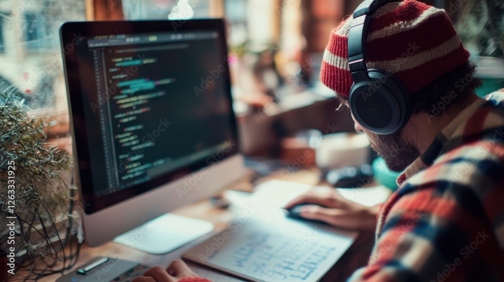 Individual focused on coding at a desk in a charming coffee shop. The space is warmly lit with a rustic vibe, creating an inviting atmosphere for productivity Individual focused on coding at a desk in a charming coffee shop. The space is warmly lit with a rustic vibe, creating an inviting atmosphere for productivity