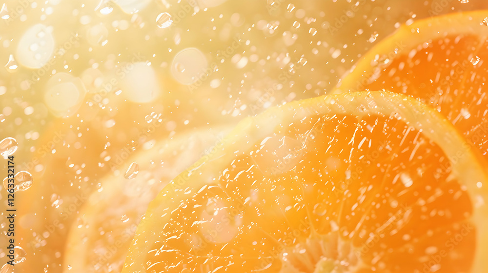 Fresh orange slices splashing in water against a sunlit background, creating a refreshing atmosphere Fresh orange slices splashing in water against a sunlit background, creating a refreshing atmosphere