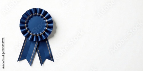 A single, elegant dark-blue rosette with gold accents and flowing ribbons, isolated on a clean white background, signifying achievement and success