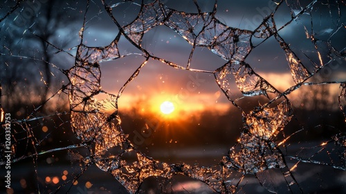 Sunset hues through broken glass urban landscape photography serene environment close-up view artistic concept