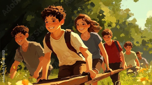 Teens enjoying a playful ride on a wooden beam outdoor park action scene lush green environment upbeat perspective