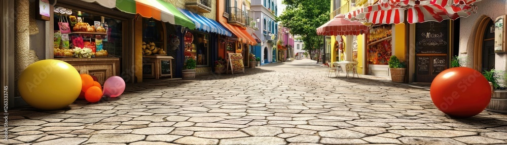 Obraz premium Colorful shops cobblestone street sunny day balloons background postcard