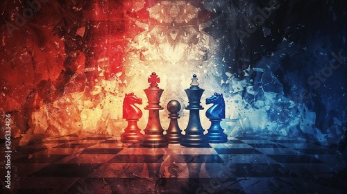 Chess pieces in red and blue on a chessboard against dramatic fire and ice background, representing political opposition and ideological confrontation in world affairs photo