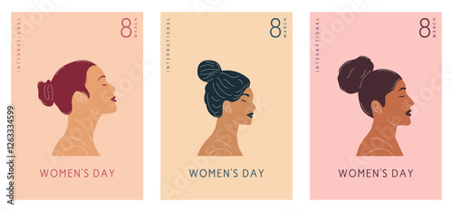 Set of International Women's Day vertical posters. 8 March backgrounds with women's portraits. Vector illustration.