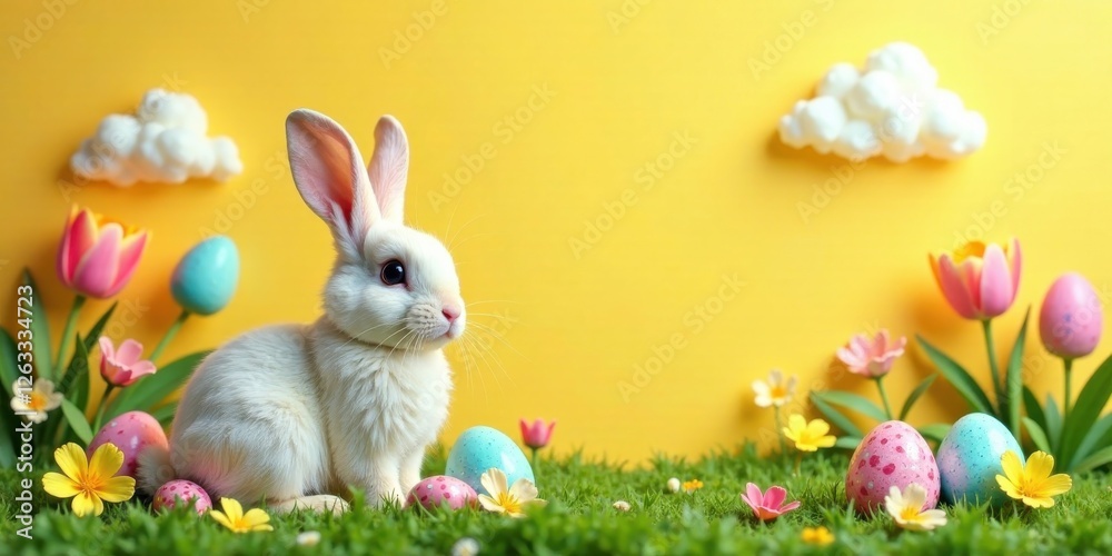 Fototapeta premium Adorable White Rabbit Amidst Easter Eggs and Spring Blossoms in a Sunny Meadow