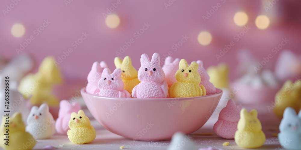 Colorful marshmallow bunnies arranged in a pink bowl surrounded by festive decorations Colorful marshmallow bunnies arranged in a pink bowl surrounded by festive decorations