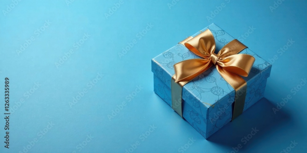 A luxuriously wrapped present, a light blue box adorned with a golden ribbon bow, sits on a matching blue background, ready for a special occasion. A luxuriously wrapped present, a light blue box adorned with a golden ribbon bow, sits on a matching blue background, ready for a special occasion.