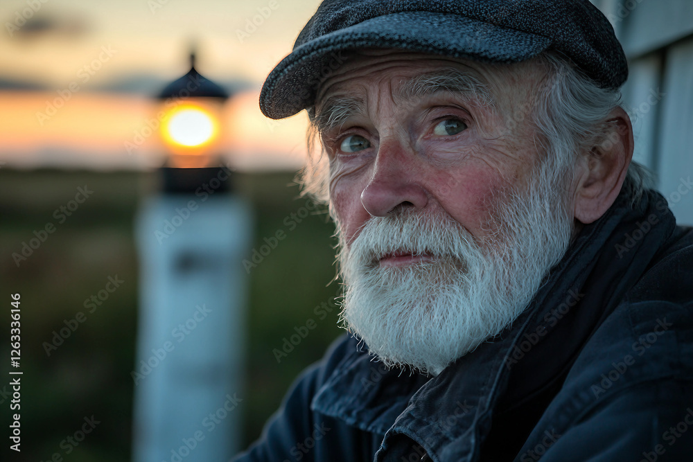 Portrait of an Elderly Lighthouse Keeper with a Glowing Lighthouse at Sunset, Generative AI