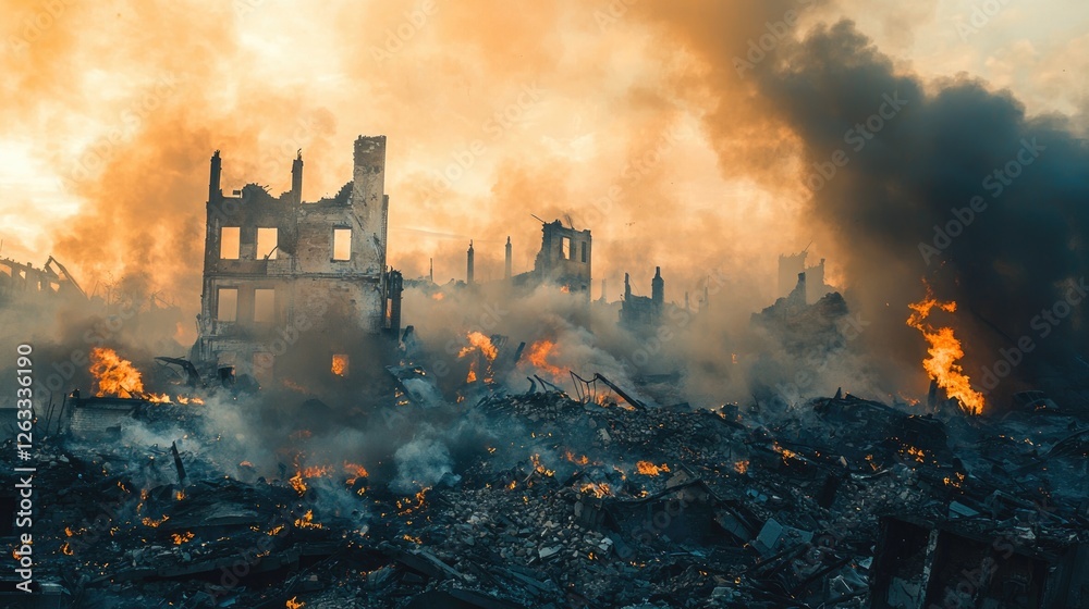 Fototapeta premium Collapsed buildings surrounded by rising smoke clouds