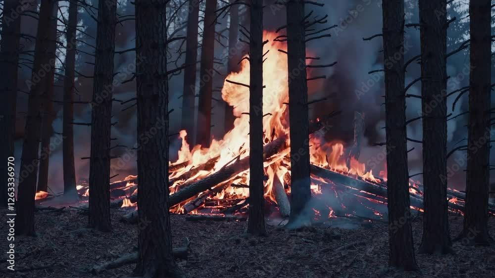 In a somber forest, through dark pines, a huge bonfire rages, devouring stacked logs and sending plumes of smoke into the sky, creating an ominous yet captivating atmosphere