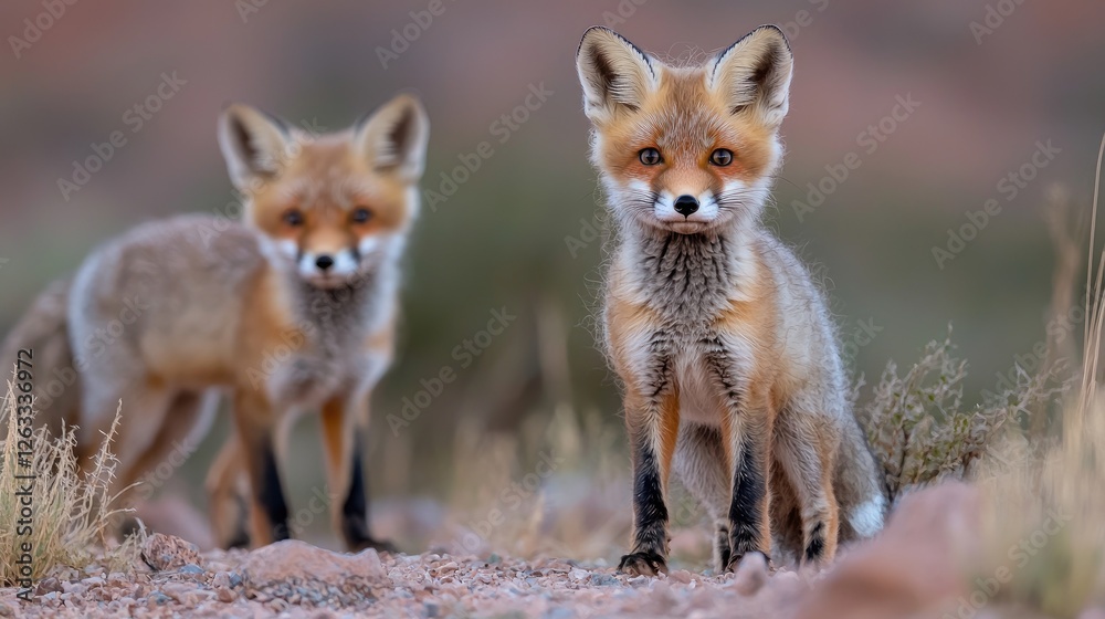 Fototapeta premium Two red fox kits in the desert
