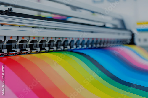 Close-up of a large-format inkjet printer outputting vibrant gradient rainbow colored waves. Print production and color printing concepts.