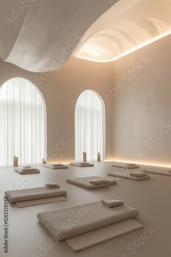 Minimalist meditation space featuring cushions on smooth floor, soft ambient lighting illuminating arched windows, serene and calming atmosphere