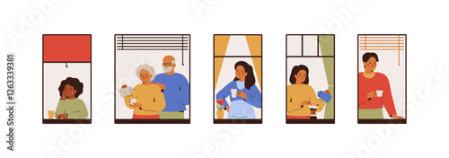 people drink coffee in the morning at home, windows view. Young and senior Men and women relaxing at home, calm leisure, looking out open window and inhaling fresh air. Vector illustration