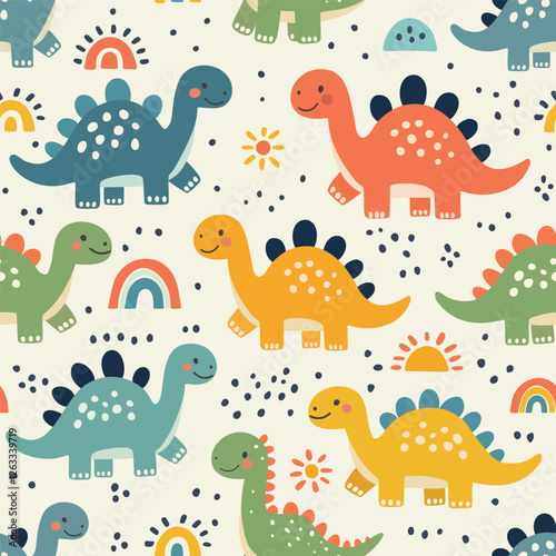 Seamless pattern with stylized cute dinosaurs, rainbows, and abstract elements.