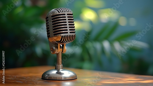 Vintage Microphone on Wooden Table Podcast Background