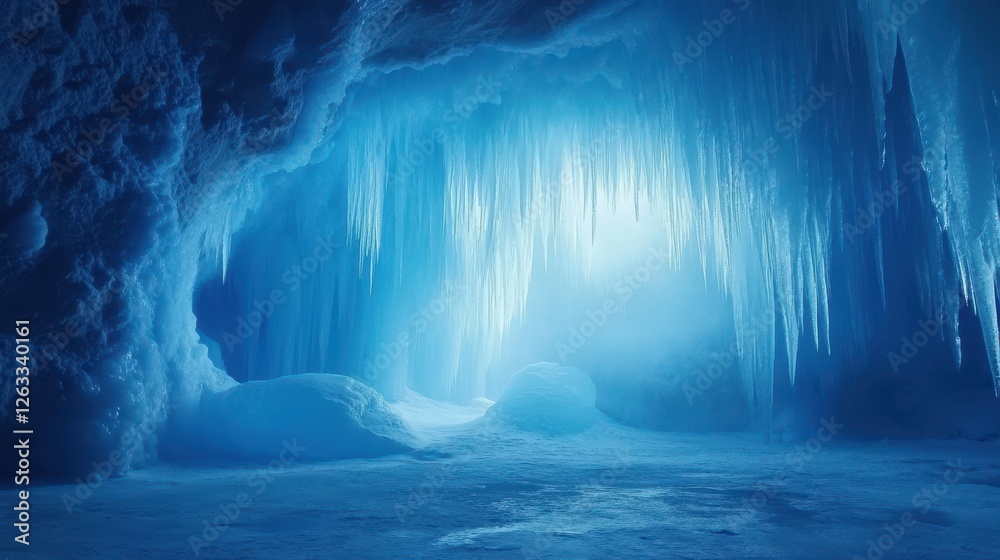 Fototapeta premium Breathtaking ice cave with huge icicles hanging from the top