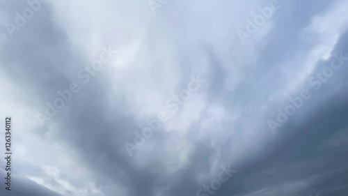 White cumulus and cirrus clouds flowing on sky. Nature, weather, air time lapse background