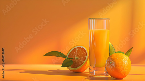 Freshly squeezed orange juice in a glass with whole oranges and leaves on a vibrant orange background