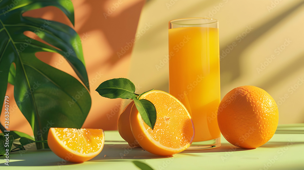 Freshly squeezed orange juice in a glass beside whole and sliced oranges on a vibrant background Freshly squeezed orange juice in a glass beside whole and sliced oranges on a vibrant background