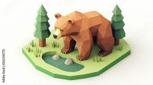 A low-poly brown bear standing near a small stream in a tiny forest environment, isometric 3D, soft earthy tones