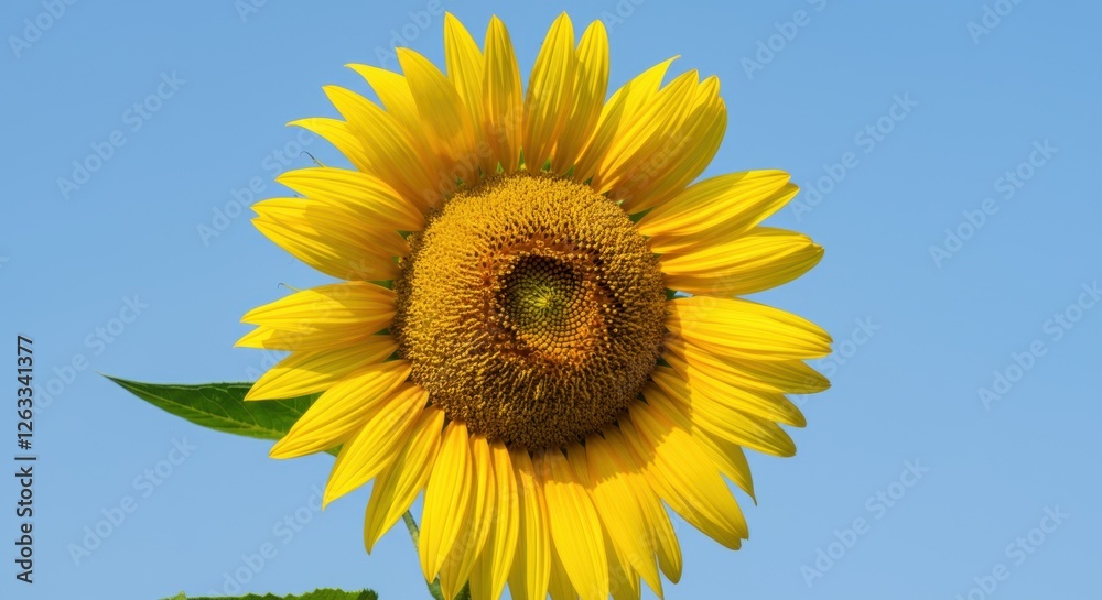 Bright yellow sunflower bloom against clear blue sky Bright yellow sunflower bloom against clear blue sky