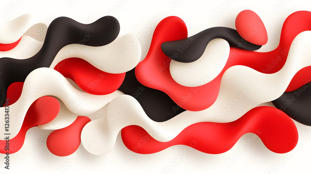Abstract wavy shapes in red, black, and white create bold, modern design. fluid forms evoke sense of movement and creativity, perfect for contemporary art or decor